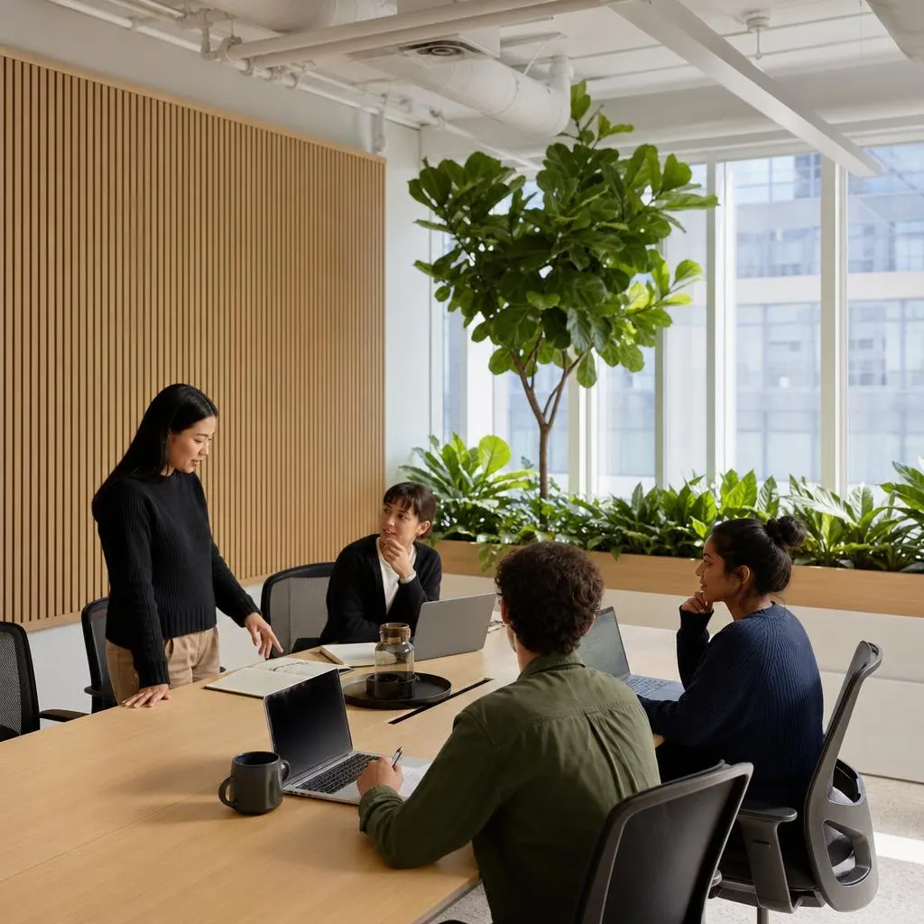 Une équipe en réunion dans la salle de conférence remplie de plantes du centre Collaboration