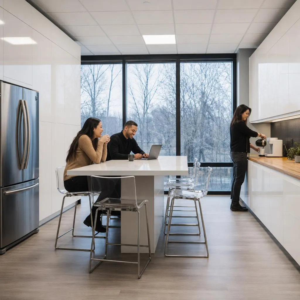 Des collègues en pause-café dans la cuisine du centre Queensway