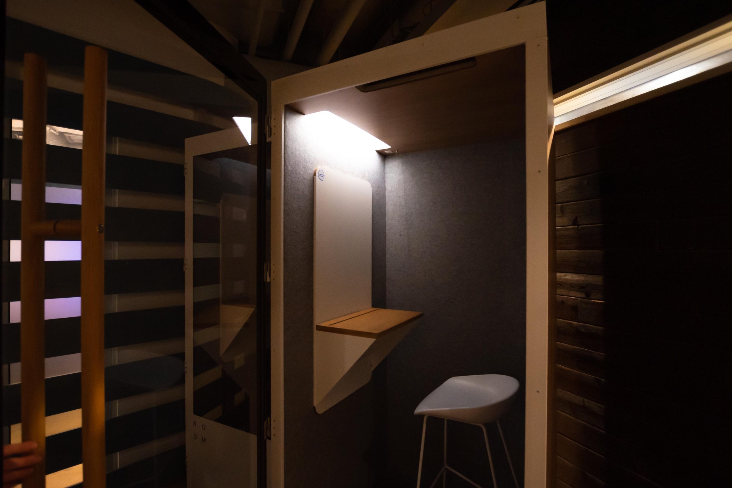 Small, private office booth with a white Hay About A Stool.
