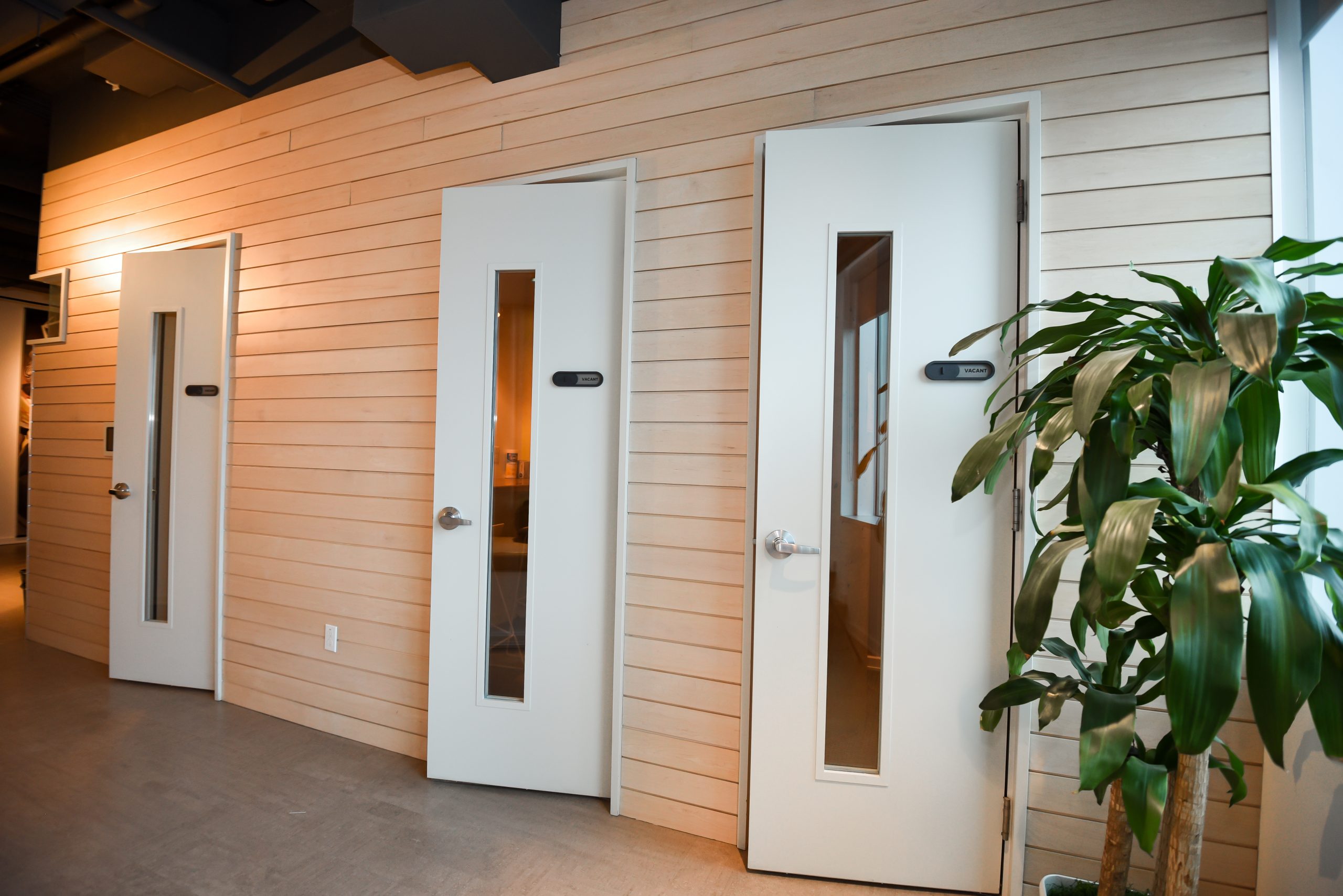 Office hallway with light wooden walls and white doors with vertical windows.