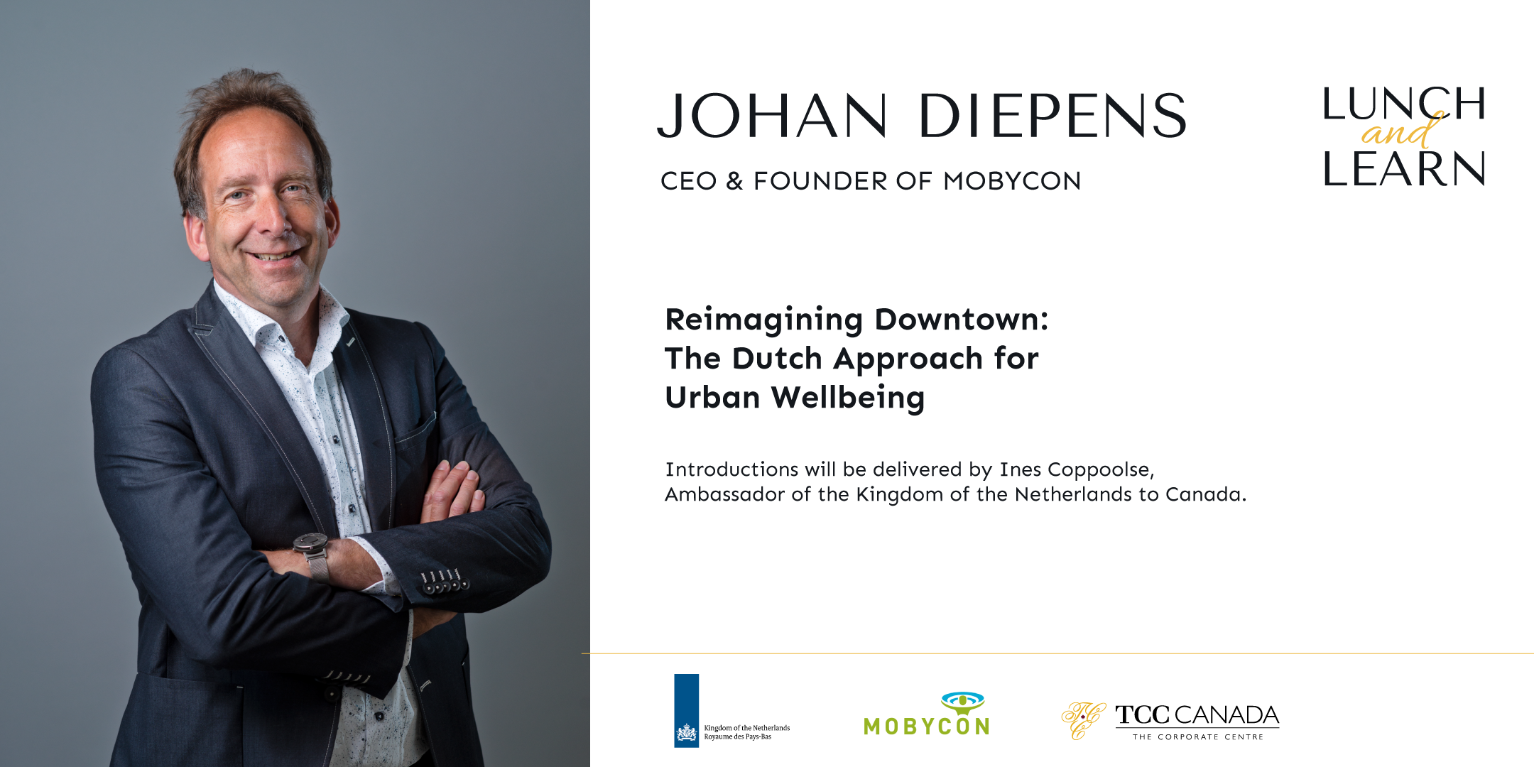 Promotional image for a "Lunch and Learn" event featuring Johan Diepens, CEO & Founder of Mobycon