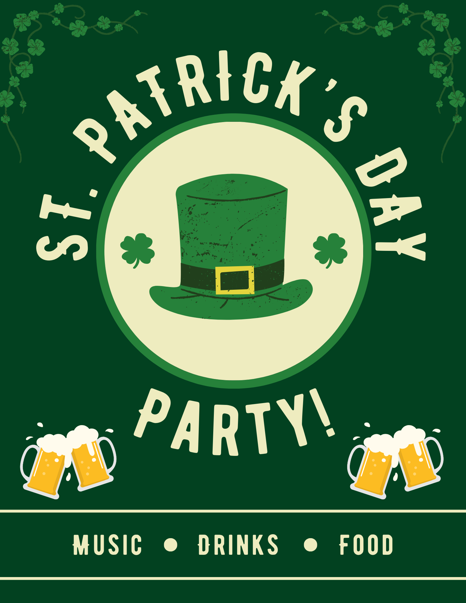 St. Patrick's Day party poster with a green hat, shamrocks, and beer mugs.