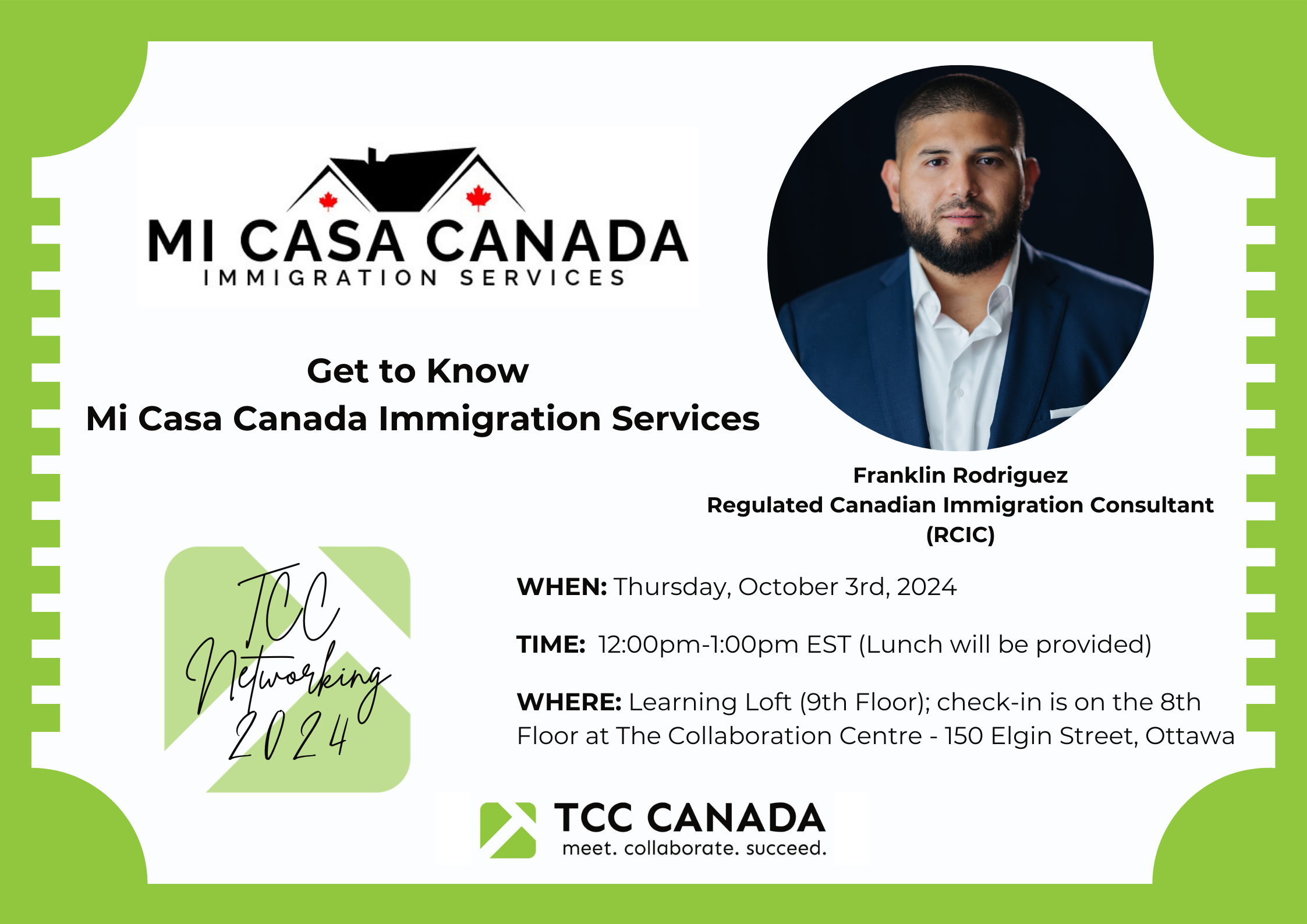TCC Networking Event Banner Featuring Mi Casa Canada Immigration Services