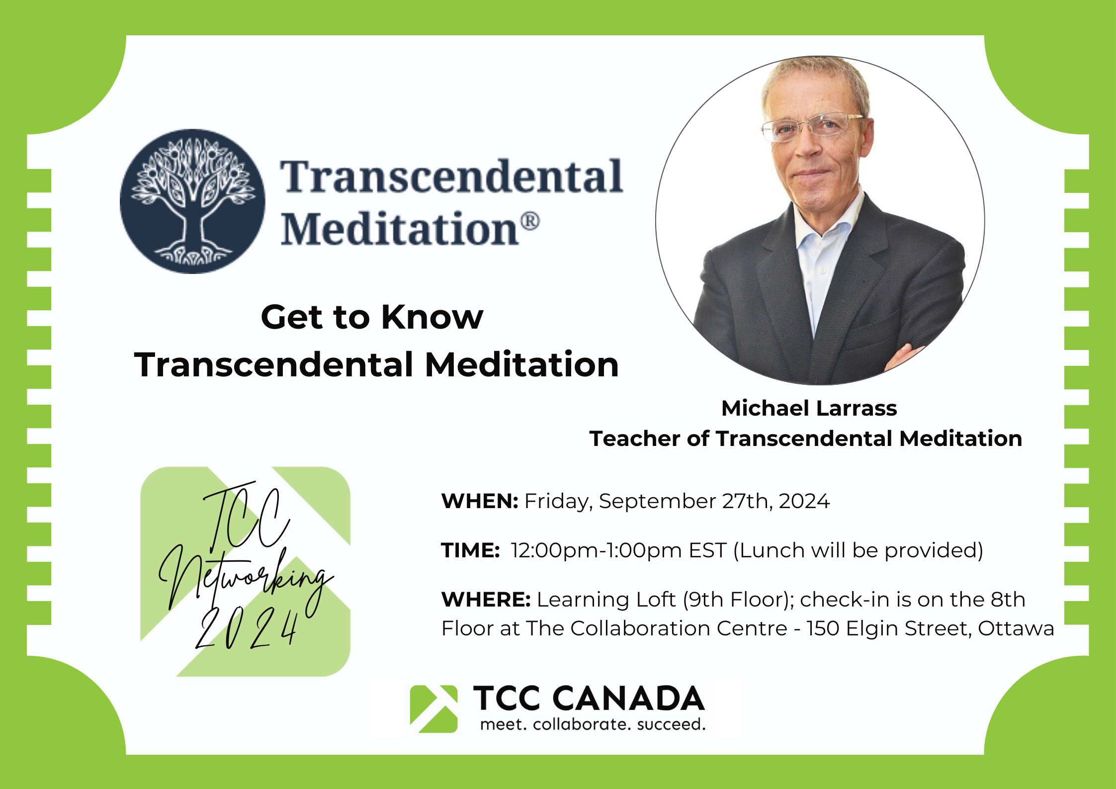TCC Networking Event Banner about Transcendental Meditation