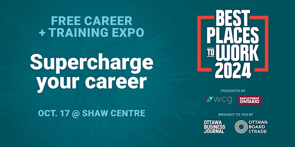 Promotional graphic for a "Free Career + Training Expo" on October 17th at the Shaw Centre.