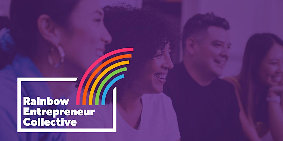 Logo for "Rainbow Entrepreneur Collective" with a blurred image of diverse individuals in the background.