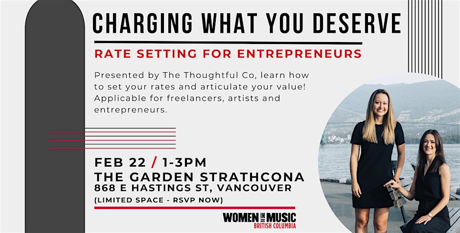 Flyer advertising a workshop on "Charging What You Deserve" for entrepreneurs.