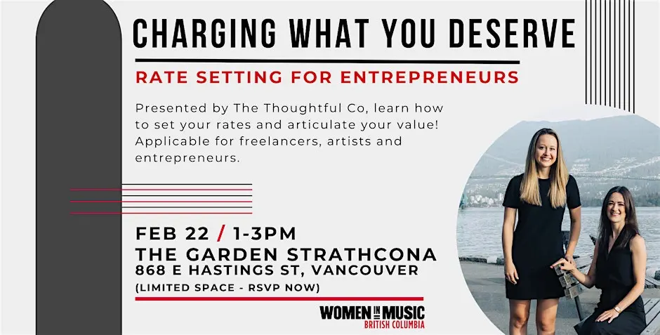 Flyer advertising a workshop on "Charging What You Deserve" for entrepreneurs.