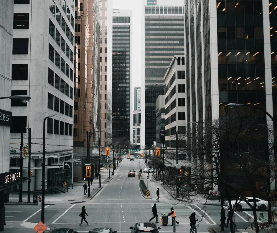 City streets and business centers near TCC Canada's new workspace in Vancouver - The City Centre